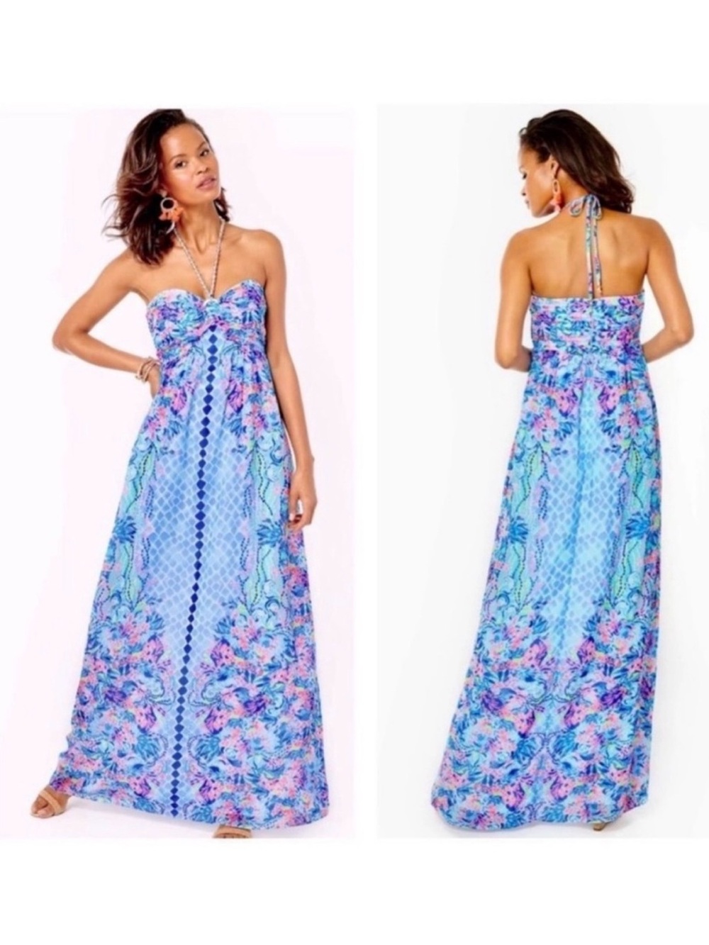 Lilly Pulitzer Blue Floral Strapless Maxi Dress